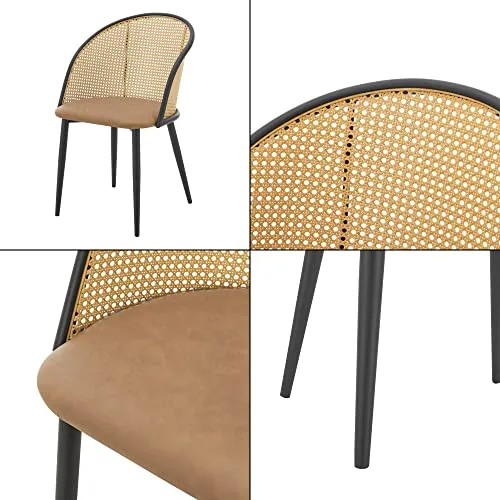 [en.casa] Lot de 2 Chaises de Salle à Manger Cuisine Design Siège Simili Dossier Rotin Pieds en Métal 82 x 56 x 55 cm Marron Noir