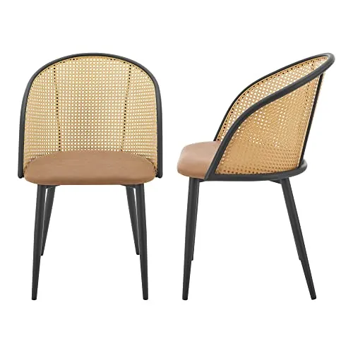 [en.casa] Lot de 2 Chaises de Salle à Manger Cuisine Design Siège Simili Dossier Rotin Pieds en Métal 82 x 56 x 55 cm Marron Noir