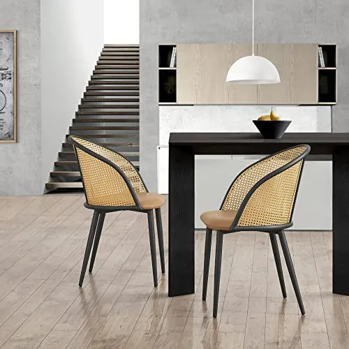 [en.casa] Lot de 2 Chaises de Salle à Manger Cuisine Design Siège Simili Dossier Rotin Pieds en Métal 82 x 56 x 55 cm Marron Noir