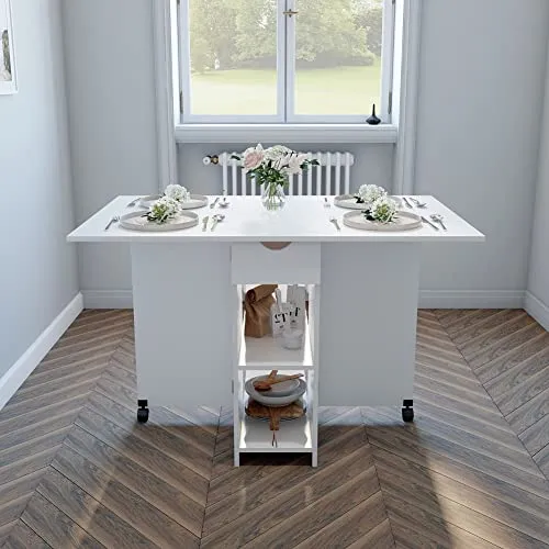 Meerveil Table à Manger Pliable, Table de Cuisine pour Petits Espaces avec 1 Tiroir et 2 Etagères de Rangement, pour Salle à Manger Cuisine, 72 x 120 x 75 cm, Blanc