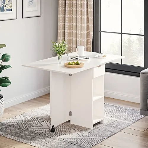 Meerveil Table à Manger Pliable, Table de Cuisine pour Petits Espaces avec 1 Tiroir et 2 Etagères de Rangement, pour Salle à Manger Cuisine, 72 x 120 x 75 cm, Blanc
