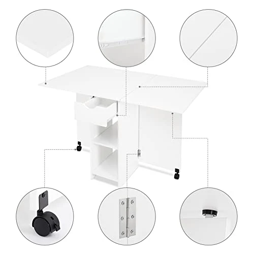 Meerveil Table à Manger Pliable, Table de Cuisine pour Petits Espaces avec 1 Tiroir et 2 Etagères de Rangement, pour Salle à Manger Cuisine, 72 x 120 x 75 cm, Blanc