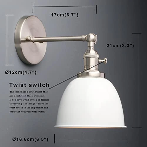 Applique murale industrielle Phansthy avec interrupteur marche-arrêt, applique murale rétro avec abat-jour en métal dôme, éclairage intérieur E27 pour cuisine chambre salon (blanc)