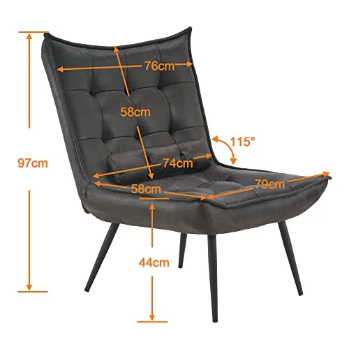 MCombo 4779 Fauteuil de détente moderne avec coussin taille pour salon, rétro vintage et rétro, lecture, rembourré, gris foncé, sans tabouret), Dunkelgrau, ohne Hocker, (6151-4779)