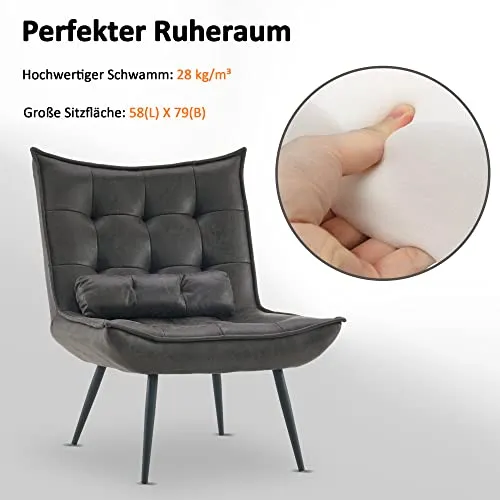 MCombo 4779 Fauteuil de détente moderne avec coussin taille pour salon, rétro vintage et rétro, lecture, rembourré, gris foncé, sans tabouret), Dunkelgrau, ohne Hocker, (6151-4779)