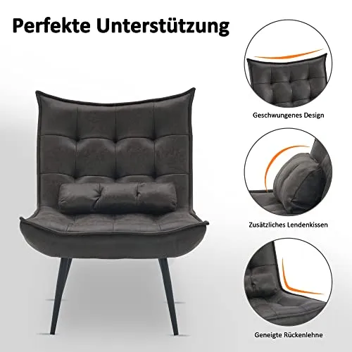 MCombo 4779 Fauteuil de détente moderne avec coussin taille pour salon, rétro vintage et rétro, lecture, rembourré, gris foncé, sans tabouret), Dunkelgrau, ohne Hocker, (6151-4779)
