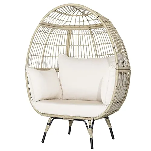 KOMFOTTEU Canapé en rotin en forme d'œuf - Fauteuil de jardin avec coussin - Avec structure en métal - Pour jardin, salon, terrasse
