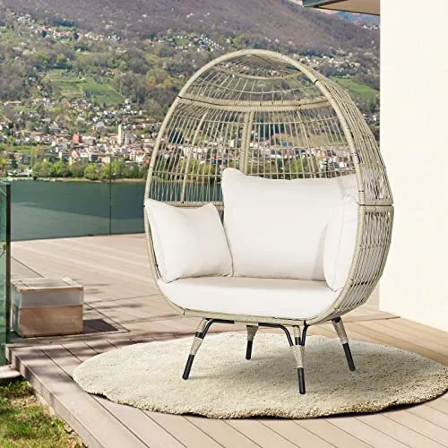 KOMFOTTEU Canapé en rotin en forme d'œuf - Fauteuil de jardin avec coussin - Avec structure en métal - Pour jardin, salon, terrasse