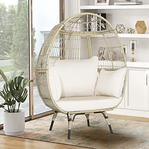 KOMFOTTEU Canapé en rotin en forme d'œuf - Fauteuil de jardin avec coussin - Avec structure en métal - Pour jardin, salon, terrasse