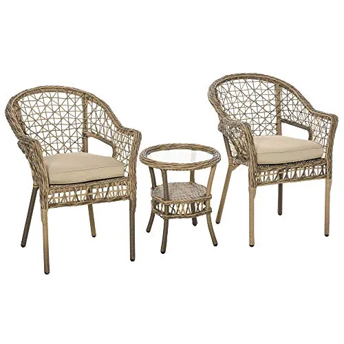 Outsunny Ensemble Bistro de Jardin Style bohème Chic 2 fauteuils avec Coussins + Table Basse résine tressée Beige
