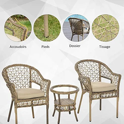 Outsunny Ensemble Bistro de Jardin Style bohème Chic 2 fauteuils avec Coussins + Table Basse résine tressée Beige
