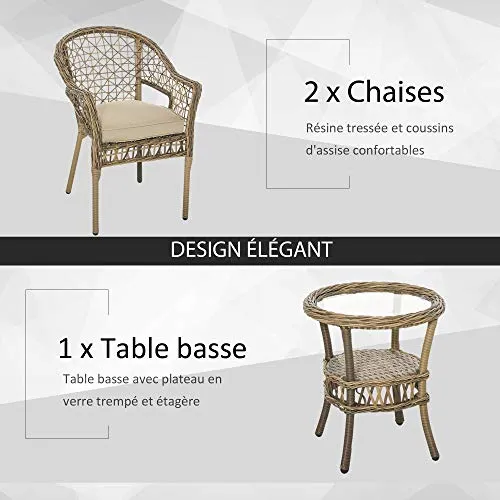 Outsunny Ensemble Bistro de Jardin Style bohème Chic 2 fauteuils avec Coussins + Table Basse résine tressée Beige