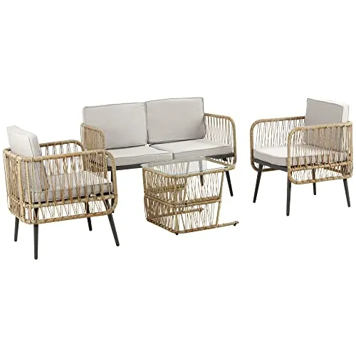 Outsunny Ensemble Salon de Jardin 4 pièces canapé 2 Places + 2 fauteuils + 1 Table Basse Plateau Verre trempé 8 Coussins - métal et résine tressée - Beige