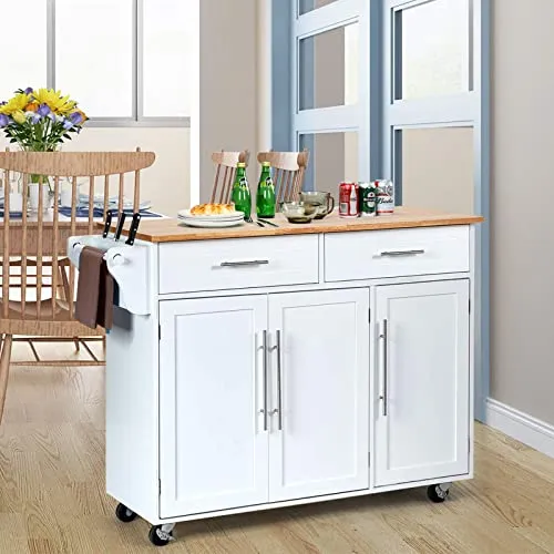 GOPLUS Desserte Îlot de Cuisine Desserte à roulettes Chariot de Cuisine en Bois avec 2 Placards Étagère 2 Niveaux Réglables et 2 Tiroirs, Porte-Serviettes, 122 x 46 x 92,3 CM, Blanc