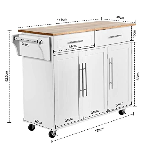 GOPLUS Desserte Îlot de Cuisine Desserte à roulettes Chariot de Cuisine en Bois avec 2 Placards Étagère 2 Niveaux Réglables et 2 Tiroirs, Porte-Serviettes, 122 x 46 x 92,3 CM, Blanc