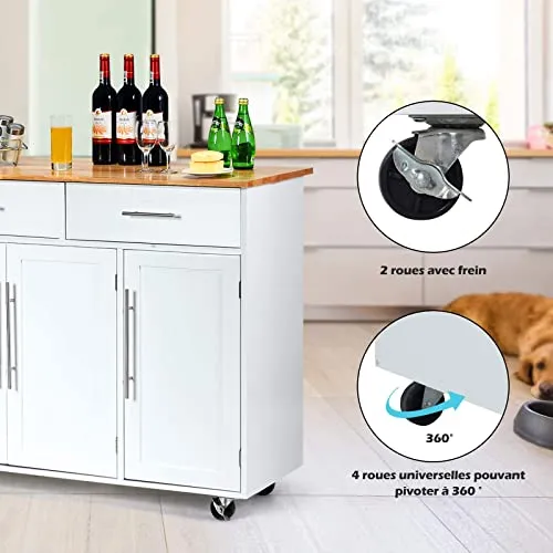 GOPLUS Desserte Îlot de Cuisine Desserte à roulettes Chariot de Cuisine en Bois avec 2 Placards Étagère 2 Niveaux Réglables et 2 Tiroirs, Porte-Serviettes, 122 x 46 x 92,3 CM, Blanc