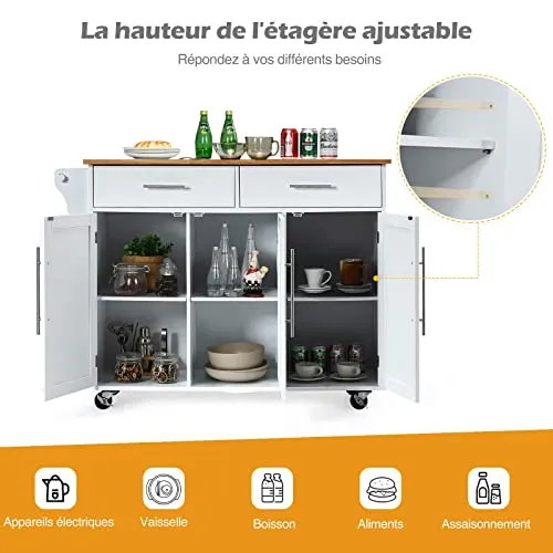 GOPLUS Desserte Îlot de Cuisine Desserte à roulettes Chariot de Cuisine en Bois avec 2 Placards Étagère 2 Niveaux Réglables et 2 Tiroirs, Porte-Serviettes, 122 x 46 x 92,3 CM, Blanc