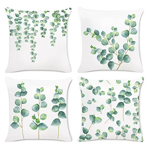 Bonhause Lot de 4 Housse de Coussin Feuilles d'eucalyptus 45 x 45 cm Plante Verte Velours Doux Décoratif Taie d'oreiller pour Canapé Lits Chaises Voiture Salon Maison Décor