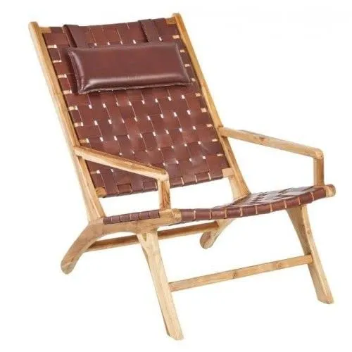 DENZZO - Fauteuil Bois et Cuir Naturel Weave