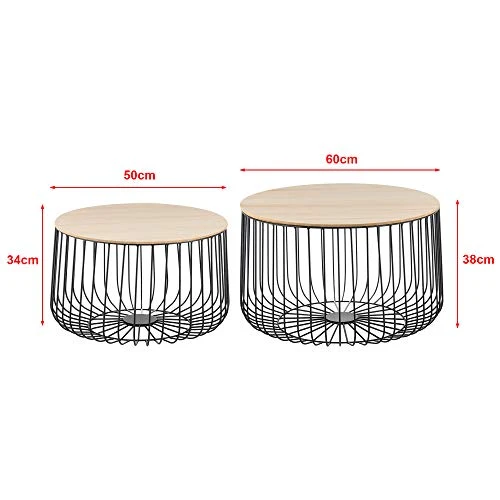 [en.casa] Lot de 2 Tables Basses Design Tables de Salon de Tailles Différentes Paniers à Plateaux Amovibles Métal MDF Noir Chêne Clair