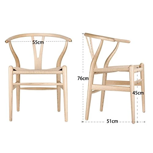 Tomile Wishbone Chaise en Y - En bois massif - Avec rotin - 2 chaises pour cuisine, salle à manger - Bois de frêne naturel