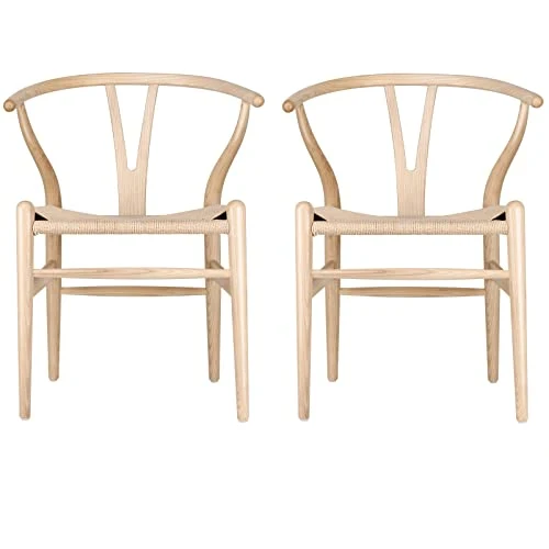 Tomile Wishbone Chaise en Y - En bois massif - Avec rotin - 2 chaises pour cuisine, salle à manger - Bois de frêne naturel