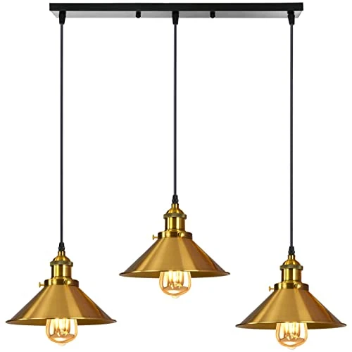 iDEGU Suspension Luminaire Industrielle Lustre Plafonniers Design Edison Métal 3 Lampes Suspension, Ø 220mm (50cm, Laiton / Doré )