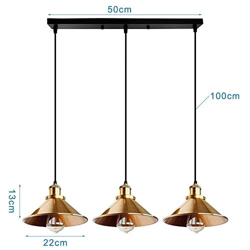 iDEGU Suspension Luminaire Industrielle Lustre Plafonniers Design Edison Métal 3 Lampes Suspension, Ø 220mm (50cm, Laiton / Doré )