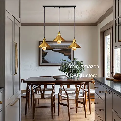 iDEGU Suspension Luminaire Industrielle Lustre Plafonniers Design Edison Métal 3 Lampes Suspension, Ø 220mm (50cm, Laiton / Doré )