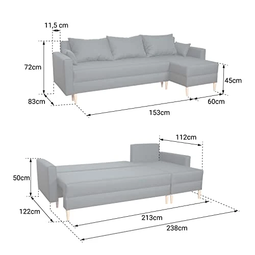 Happy Garden canapé d'angle Convertible ANTONI 3 Places en Tissu Gris. Canapé avec méridienne réversible et Coffre de Rangement.
