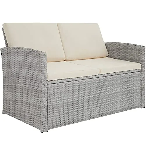 TecTake Salon de Jardin en Résine Tressée 4 Personnes, 1 Canapé, 2 Fauteuils, 1 Table avec Plateau en Verre, Coussins d’Assise et de Dossier Inclus (Gris Clair)