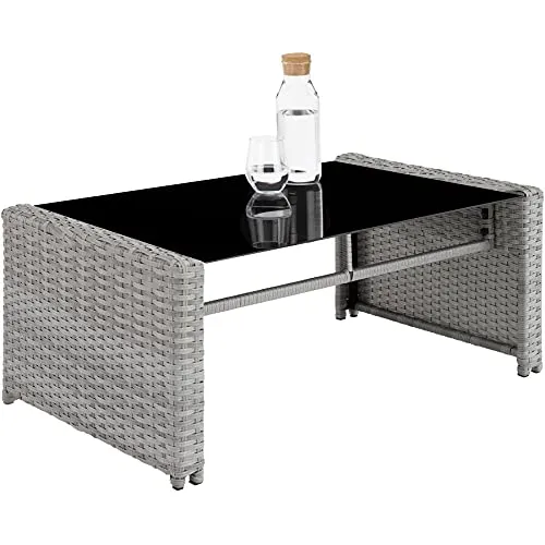 TecTake Salon de Jardin en Résine Tressée 4 Personnes, 1 Canapé, 2 Fauteuils, 1 Table avec Plateau en Verre, Coussins d’Assise et de Dossier Inclus (Gris Clair)