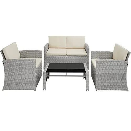 TecTake Salon de Jardin en Résine Tressée 4 Personnes, 1 Canapé, 2 Fauteuils, 1 Table avec Plateau en Verre, Coussins d’Assise et de Dossier Inclus (Gris Clair)