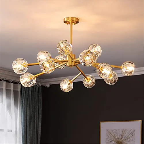 PaRfco Lustre Spoutnik en cristal avec 15 lumières, lustres en laiton, luminaire moderne en or pour salle à manger, salon