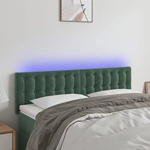 vidaXL Tête de Lit à LED Meuble de Chambre à Coucher Accessoire de Lit Double Tête de Cadre de Lit Intérieur Vert Foncé 144x5x78/88 cm Velours