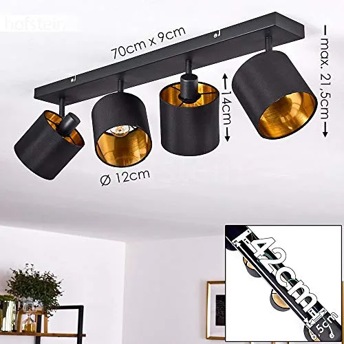 hofstein Plafonnier Alsen en métal et tissu noir & or, 4 spots de plafond vintages rotatifs, idéal dans un salon rétro, pour 4 ampoules E14, ampoule(s) non incluse(s)