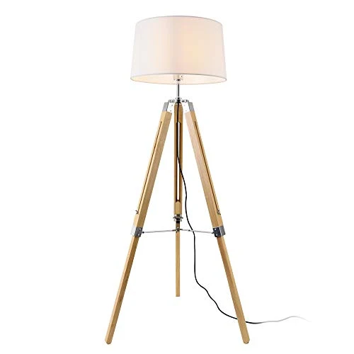 lux.pro Lampadaire Design Lampe à Pied Trépied avec Pieds en Bois et Métal Abat-Jour en Tissu E27 Hauteur 145 cm Bois Clair Chrome Blanc