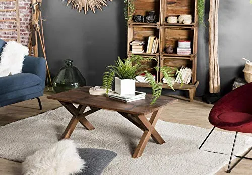 MACABANE Table Basse 110x60cm en Bois recyclé Pieds croisés-Esprit Brocante, 114x65x20