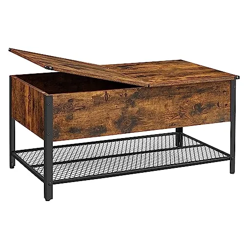 VASAGLE Table Basse, Table de Salon, avec Dessus Rabattable, Compartiment Fermé et Étagère Grillagée, Cadre en Métal, Style Industriel, 100 x 55 x 47 cm, Marron Rustique et Noir LCT230B01