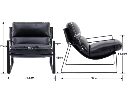 Wahson Fauteuil de Salon Confortable en Similicuir, Chaise Relaxant avec Siège Épais, Fauteuil Lounge de Structure Métal, Chaise Loisirs pour Salon et Chambre, Noir