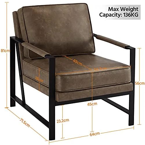Yaheetech Fauteuil de Salon Confortable Cadre Métal Fauteuil de Chaise pour Salon Chambre Salle de Séjour Bureau Intérieur