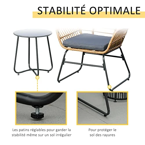 Outsunny Ensemble Bistro de Jardin 2 Places 3 pièces Style Exotique 2 fauteuils + Table Basse résine tressée Beige Acier époxy Gris