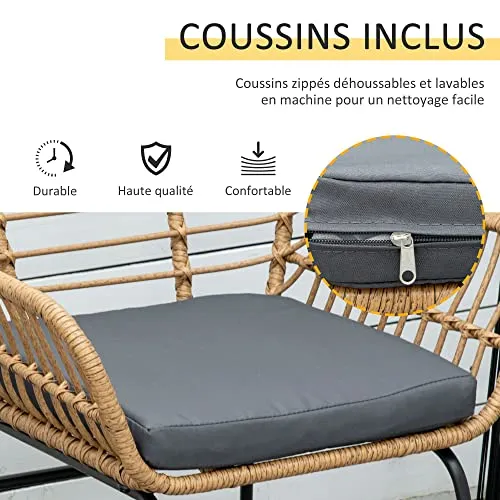 Outsunny Ensemble Bistro de Jardin 2 Places 3 pièces Style Exotique 2 fauteuils + Table Basse résine tressée Beige Acier époxy Gris