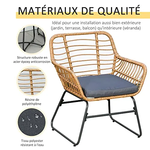 Outsunny Ensemble Bistro de Jardin 2 Places 3 pièces Style Exotique 2 fauteuils + Table Basse résine tressée Beige Acier époxy Gris