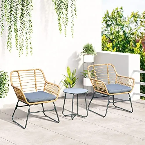 Outsunny Ensemble Bistro de Jardin 2 Places 3 pièces Style Exotique 2 fauteuils + Table Basse résine tressée Beige Acier époxy Gris