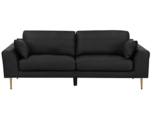 Beliani Canapé Fixe 3 Places en Cuir et Cuir PU Noir avec Pieds Dorés pour Salon au Design Moderne et Glamour