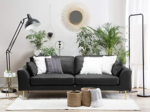 Beliani Canapé Fixe 3 Places en Cuir et Cuir PU Noir avec Pieds Dorés pour Salon au Design Moderne et Glamour