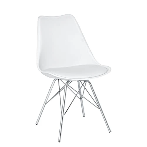 SAMPUR - Chaise Épura de Salle à Manger | Chaise de Bureau et de Salon Design Rétro Scandinave avec Coussin Intégré | Chaise de Salle d'Attente Rembourrée avec Pieds en Acier - Blanc