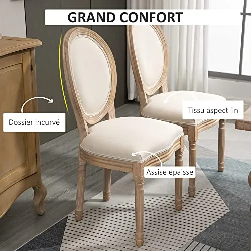 HOMCOM Lot de 2 chaises de Salle à Manger - Chaise de Salon médaillon Style Louis XVI - Bois Massif sculpté, patiné - Aspect Lin Beige