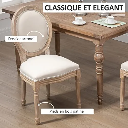 HOMCOM Lot de 2 chaises de Salle à Manger - Chaise de Salon médaillon Style Louis XVI - Bois Massif sculpté, patiné - Aspect Lin Beige